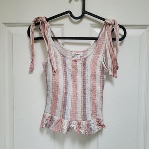 Japna Pink Striped Smocked Tie Shoulder Ruffle Cropped Tank Top